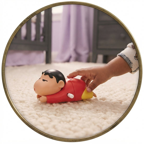 Close-up of a hand reaching for a Shinchan crawling toy on a cream-colored rug in a nursery with lavender and charcoal accent