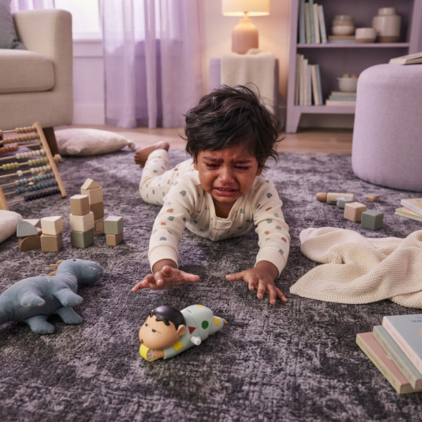 A frustrated South Asian toddler reaching for a toy on a textured charcoal rug in a cozy, lavender and cream colored living r