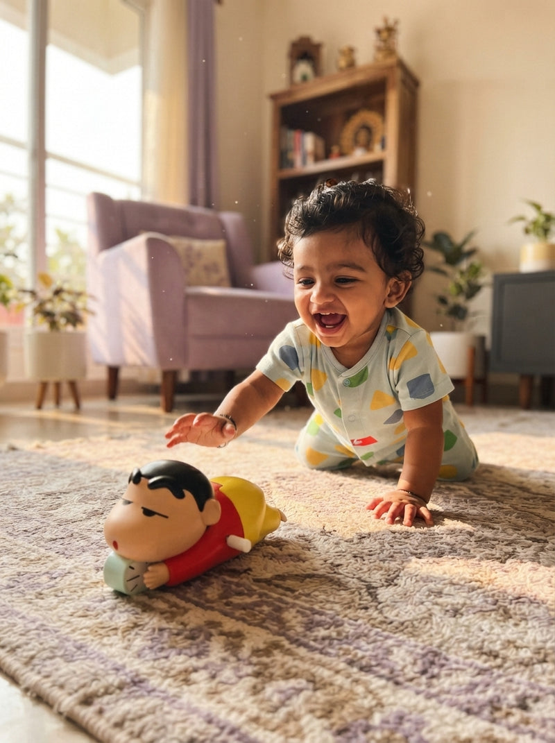 An 8-month-old baby crawling on a rug at home, laughing while chasing a moving Shinchan toy.